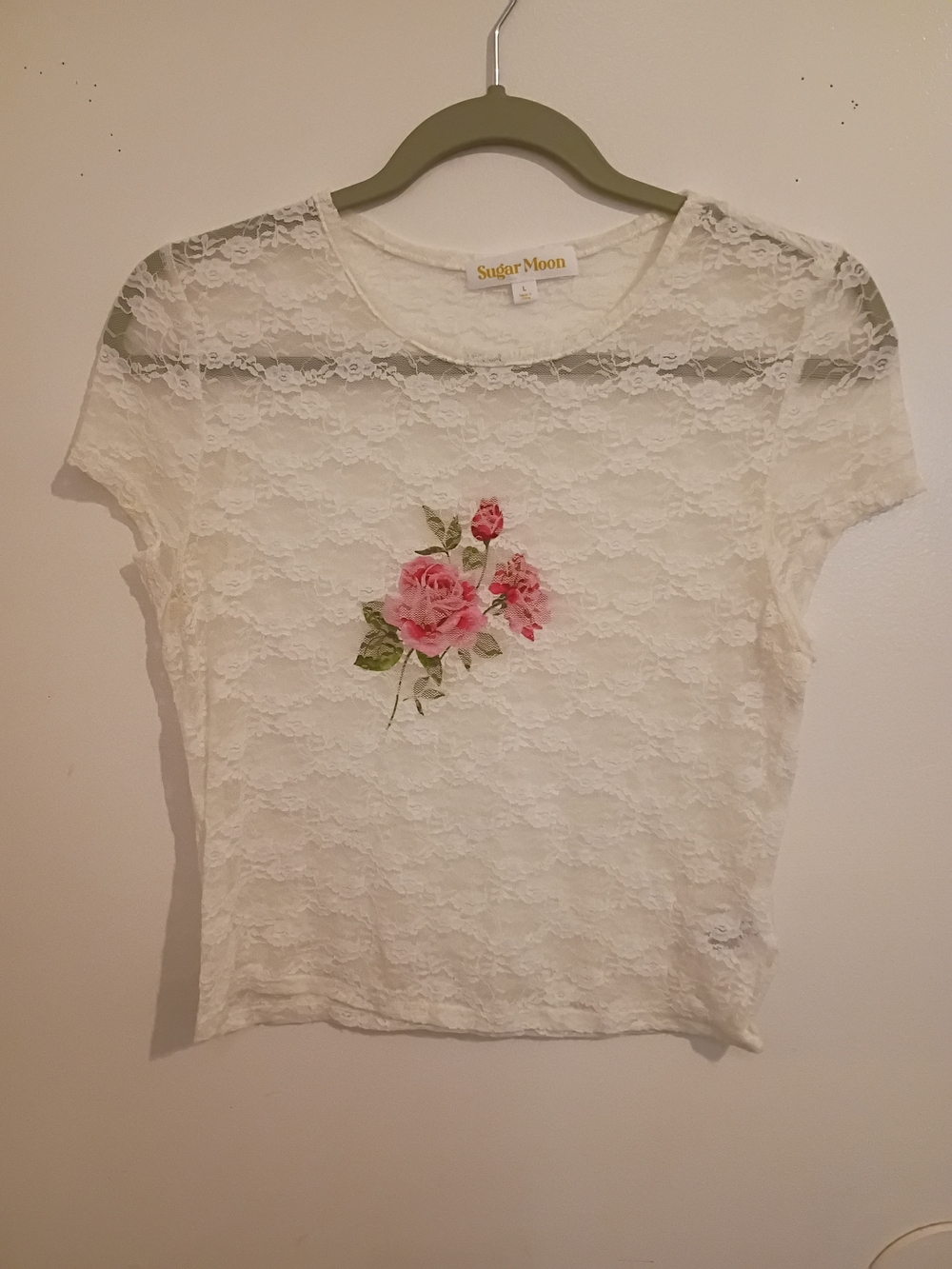 Sugar‎ Moon Women's Cream Lace Crop Top with Pink Floral Accent Sz L